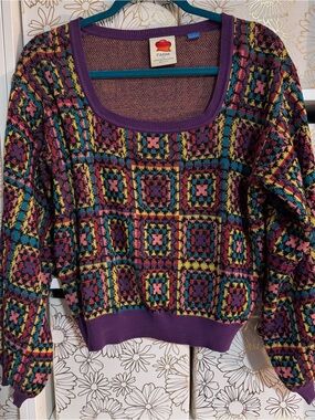 Farm Rio x Anthropologie Patchwork Crochet Geometric Sweater